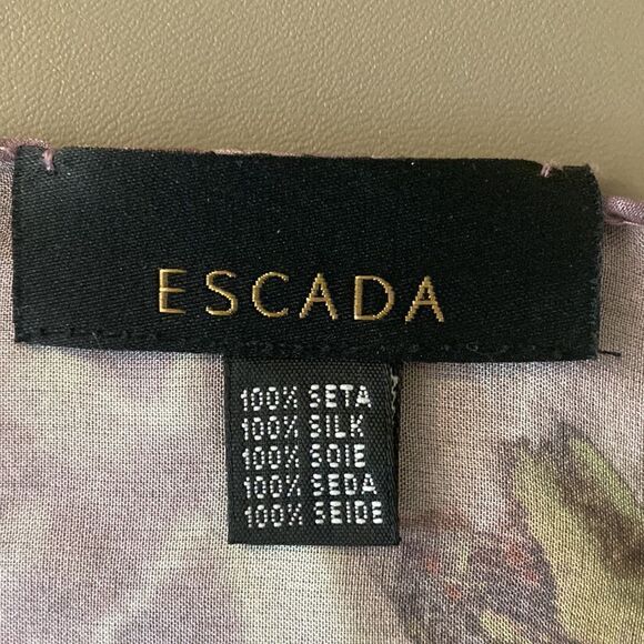 Escada Silk Oblong Scarf in Floral Print with Hand Rolled Edges. Made in Italy. - Picture 6 of 7